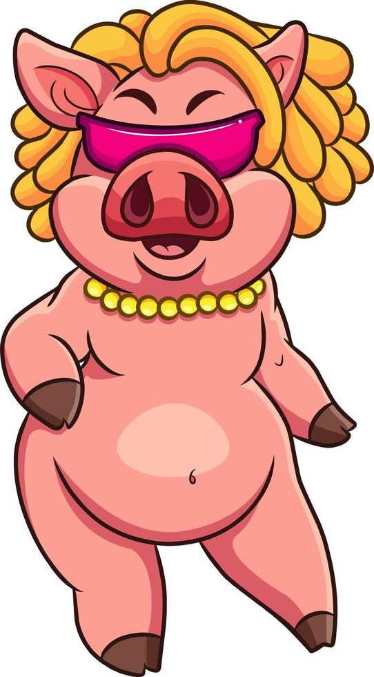 The cool pig is wearing a sunglasses and gold necklace vector