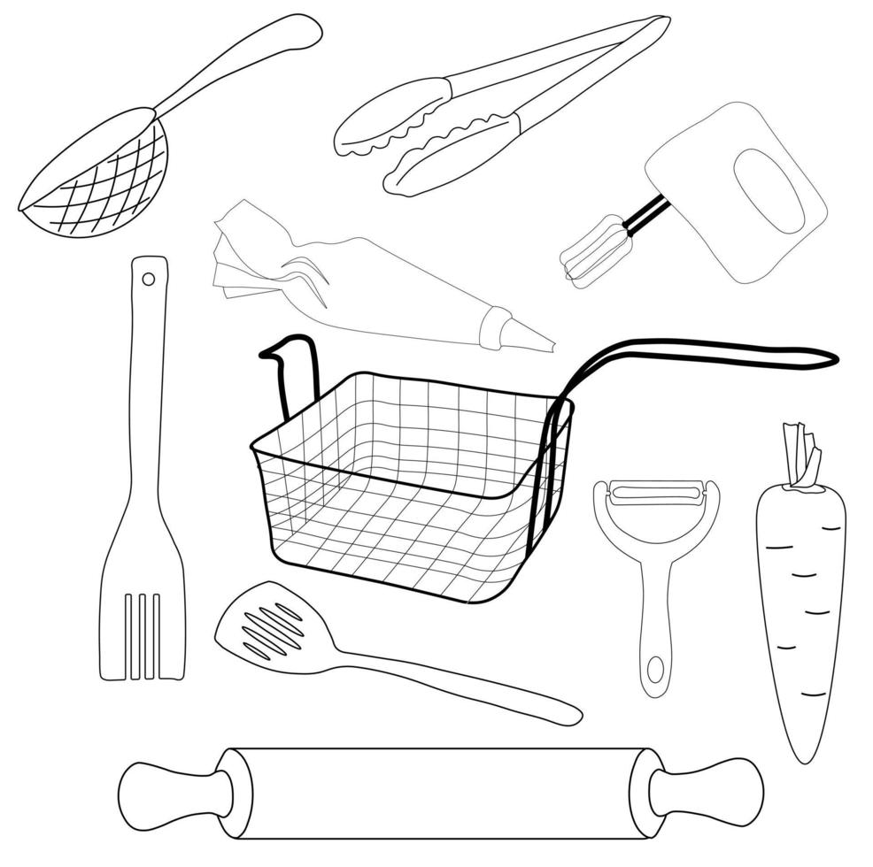 Kitchen utensils vector stock illustration. A set in the doodle style. Deep fryer, vegetable cutter, pastry sleeve, frying spatula, carrots, mixer, colander. Isolated on a white background.