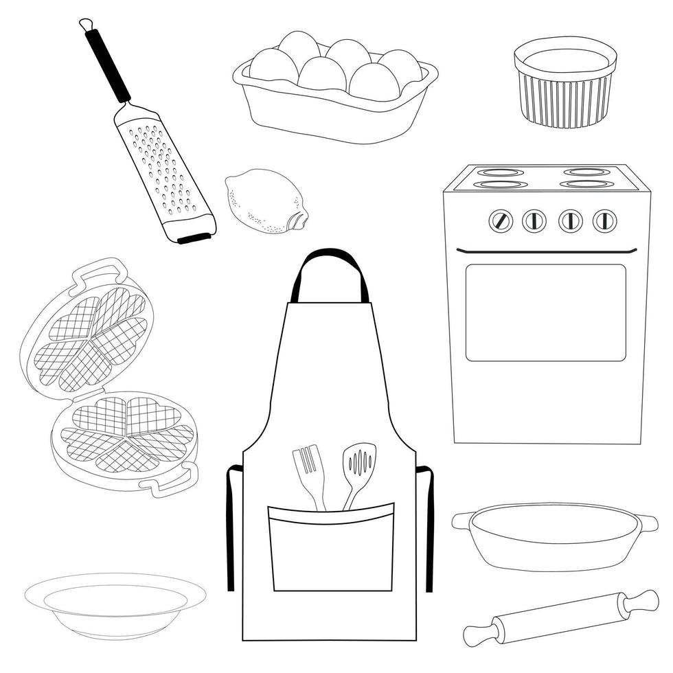 Baking set vector stock illustration. Waffle iron and oven. A set of eggs, a grater for citrus fruits. Isolated on a white background.