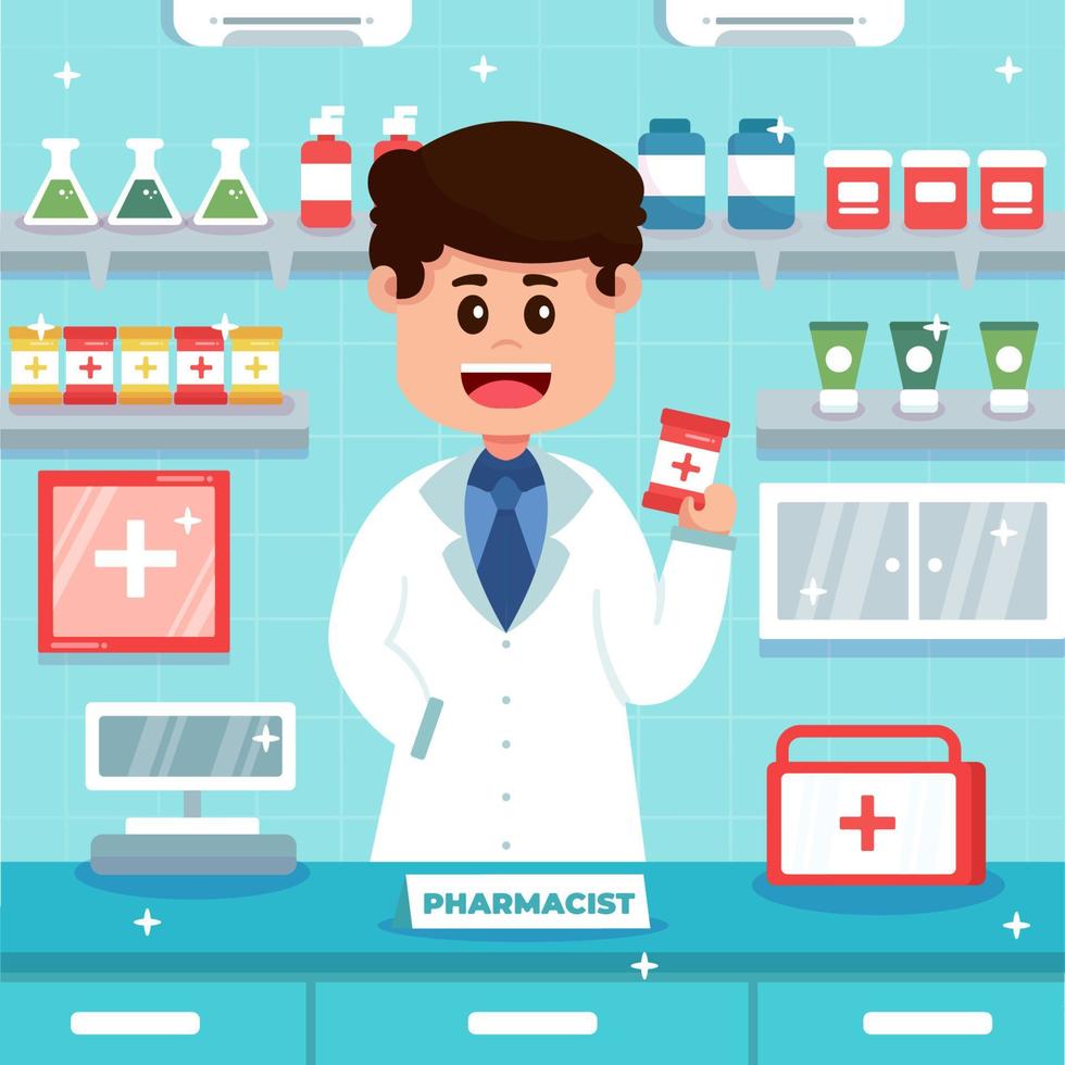Male Pharmacist with Medicine at Counter vector