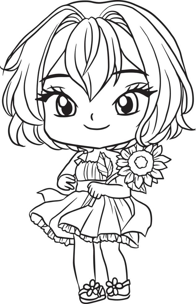 coloring page cartoon girl cute kawaii manga anime illustration, clipart kid drawing character vector