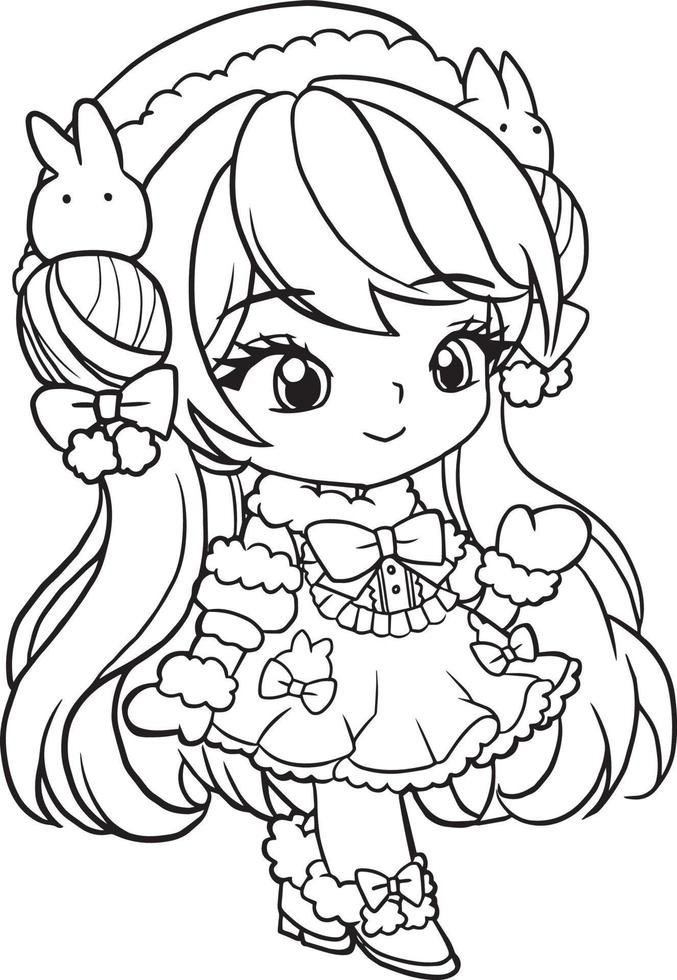 coloring page cartoon girl cute kawaii manga anime illustration, clipart kid drawing character vector