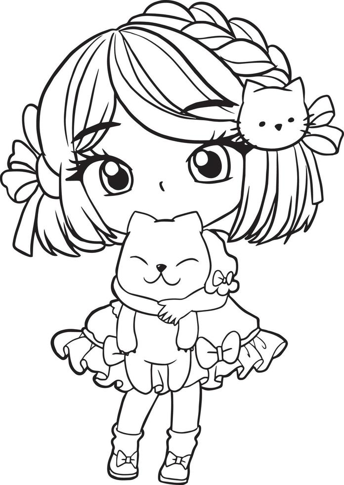 Página para colorear caricatura niña linda kawaii manga anime ilustración, clipart niño dibujo personaje vector