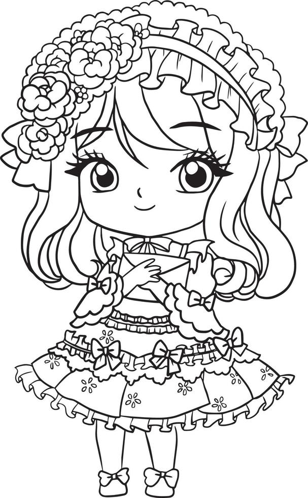 Página para colorear caricatura niña linda kawaii manga anime ilustración, clipart niño dibujo personaje vector