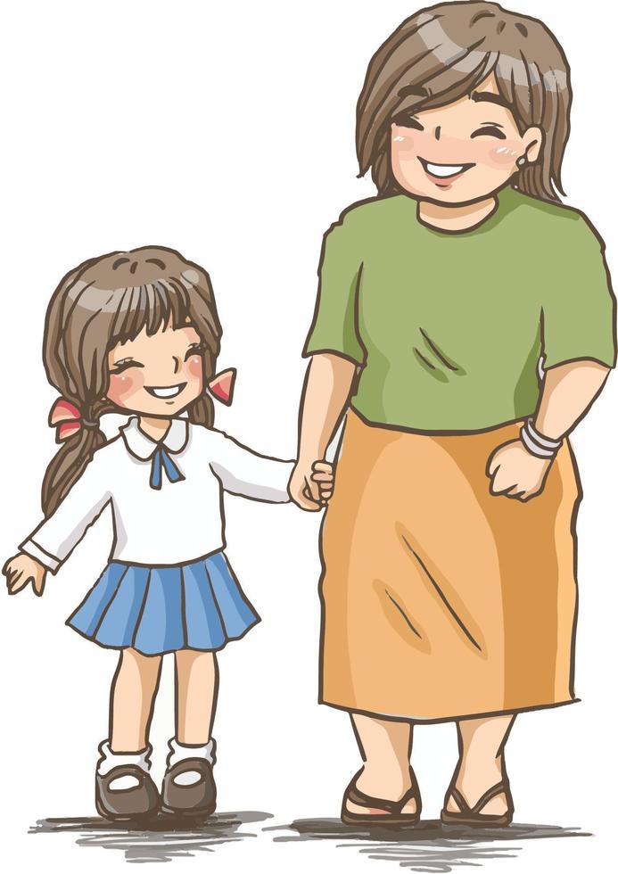 mother and son cartoon,girl,cute kawaii manga anime illustration clip art kid drawing character vector