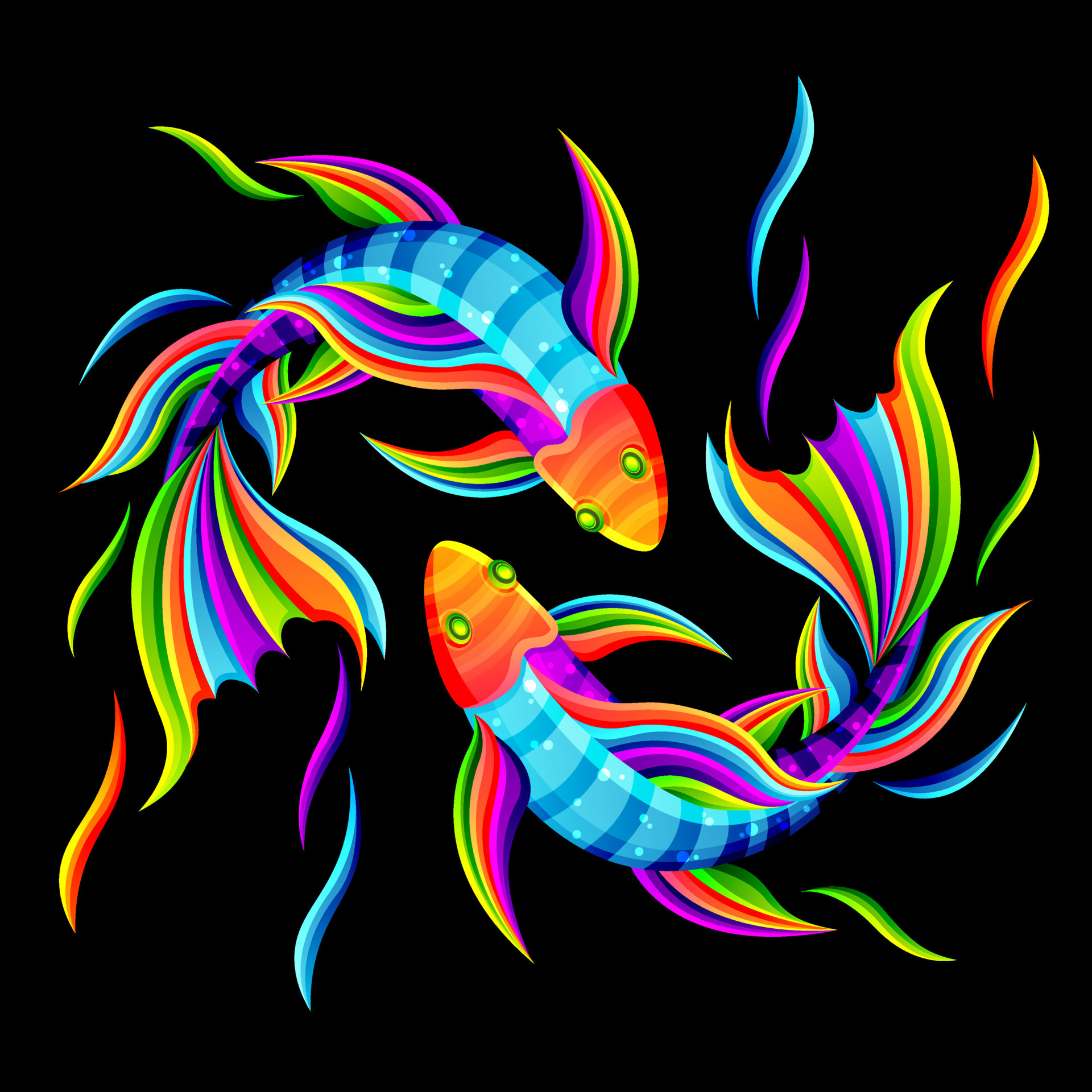 un par de peces nadando juntos, simbolizando el yin y el yang o el zodíaco de piscis. ilustraciones de personajes con dibujos coloridos o estilo wpap. para imprimir camisetas, tatuajes, mascotas, logotipos,