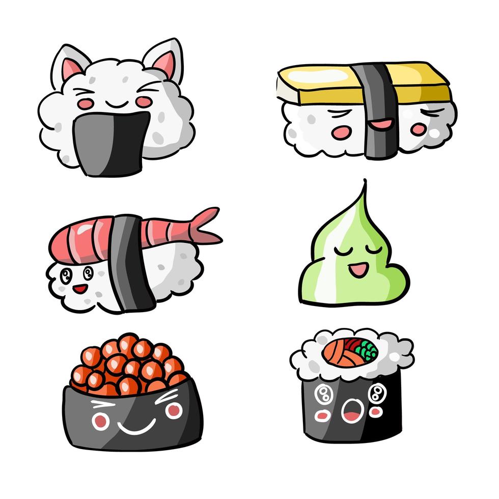 Cute sushi set illustration. Kawaii food emoji vector