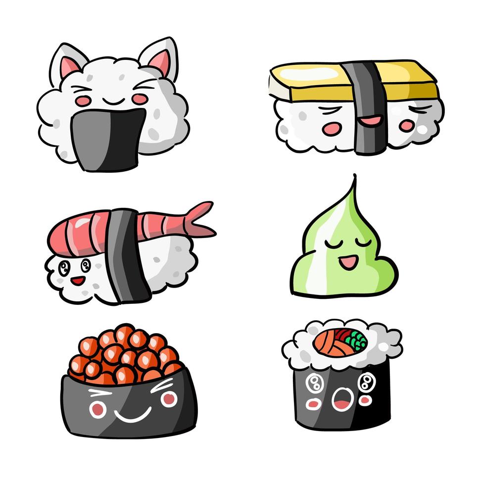 Linda ilustración de juego de sushi. emoji de comida kawaii vector