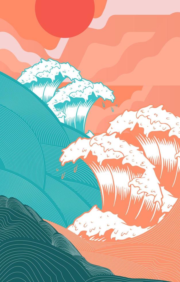 arte japonés de grandes olas con concepto de puesta de sol vector