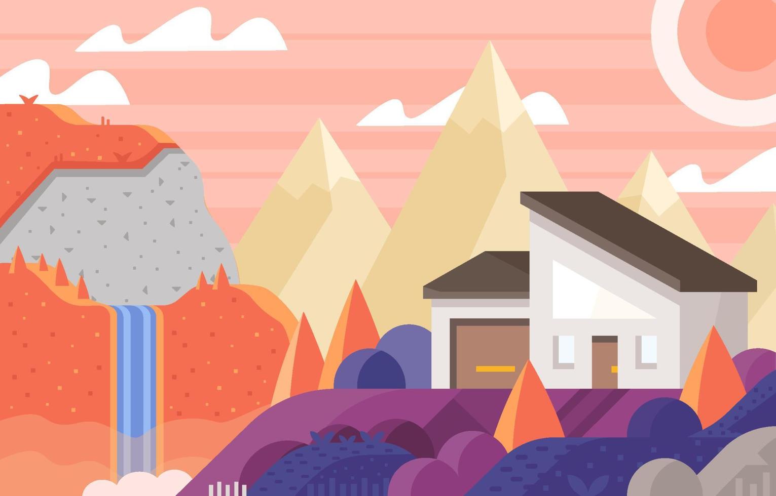 Modern House Near Waterfall And Mountains Background vector