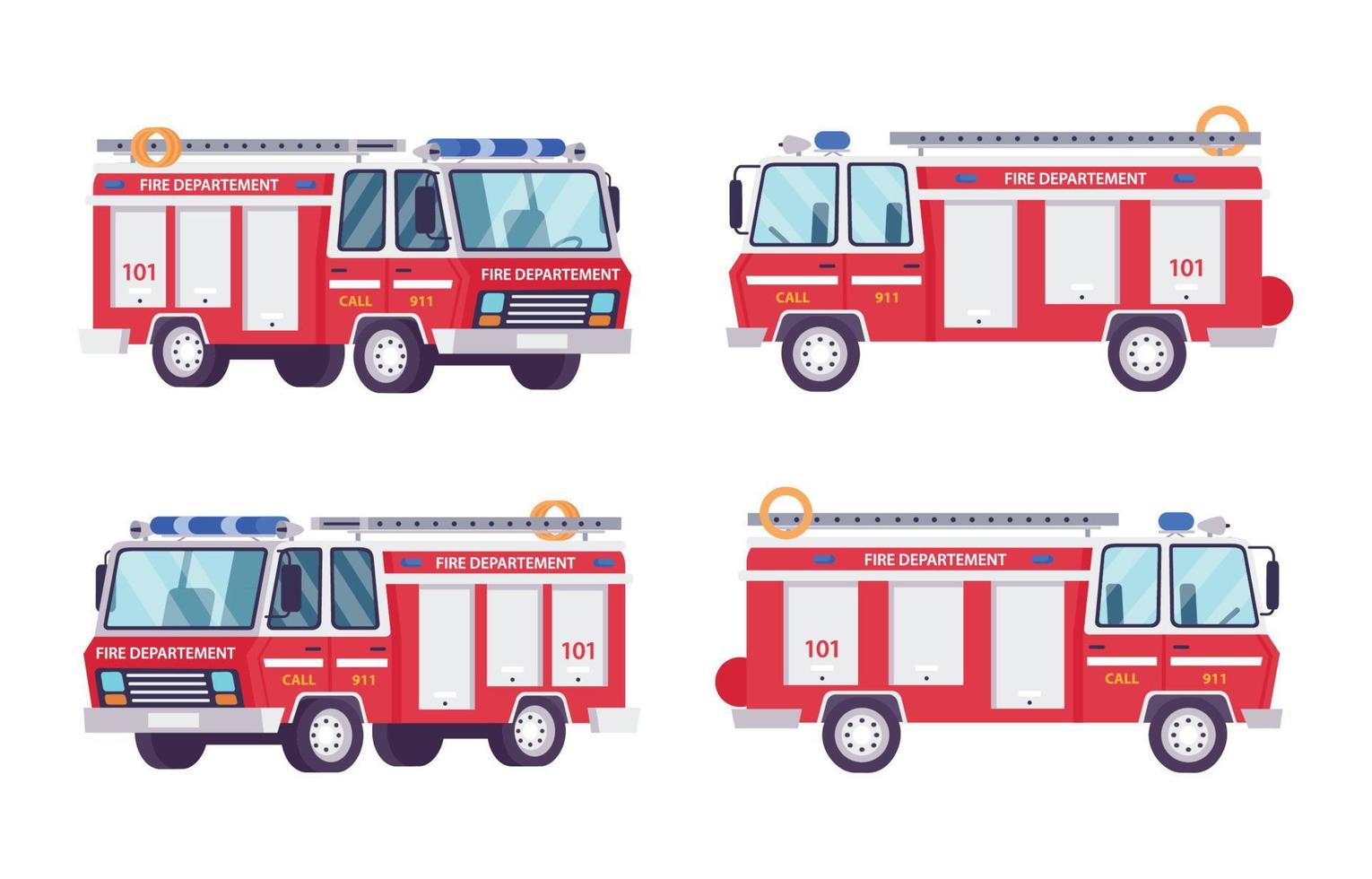 Fire Fighters Truck Flat Cartoon Set vector