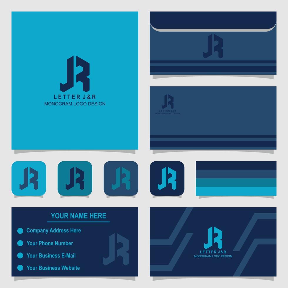 logotipo de monograma de letra j y r con sobre y plantilla de tarjeta de visita vector