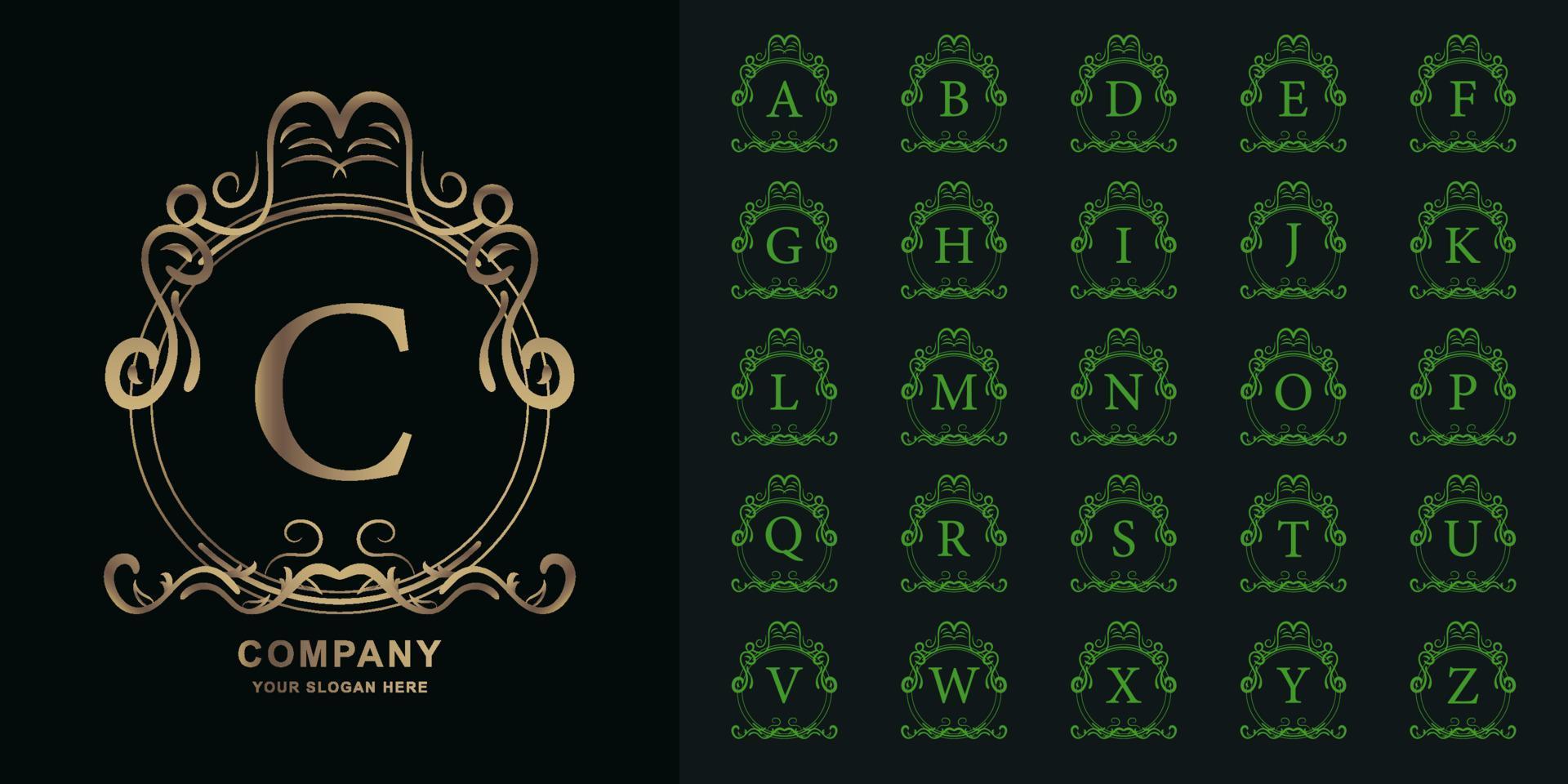 Letter C or collection initial alphabet with luxury ornament floral frame golden logo template. vector