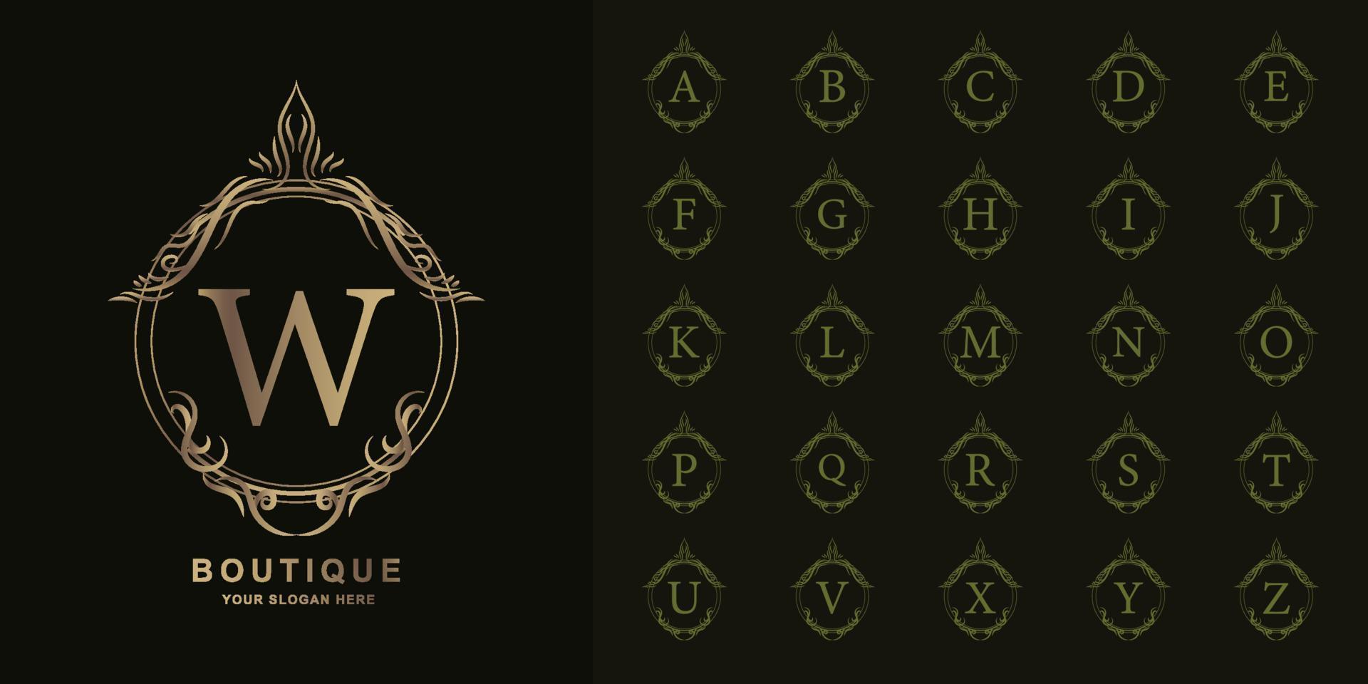 Letter W or collection initial alphabet with luxury ornament floral frame golden logo template. vector