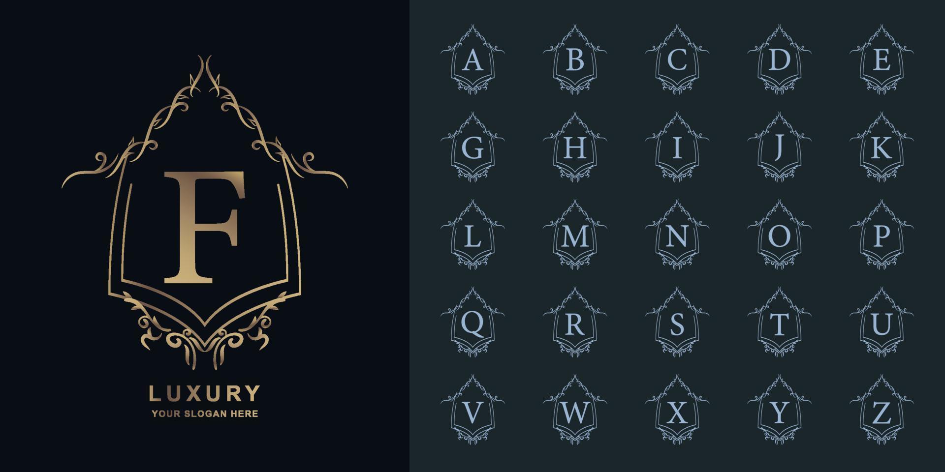 Letter F or collection initial alphabet with luxury ornament floral frame golden logo template. vector
