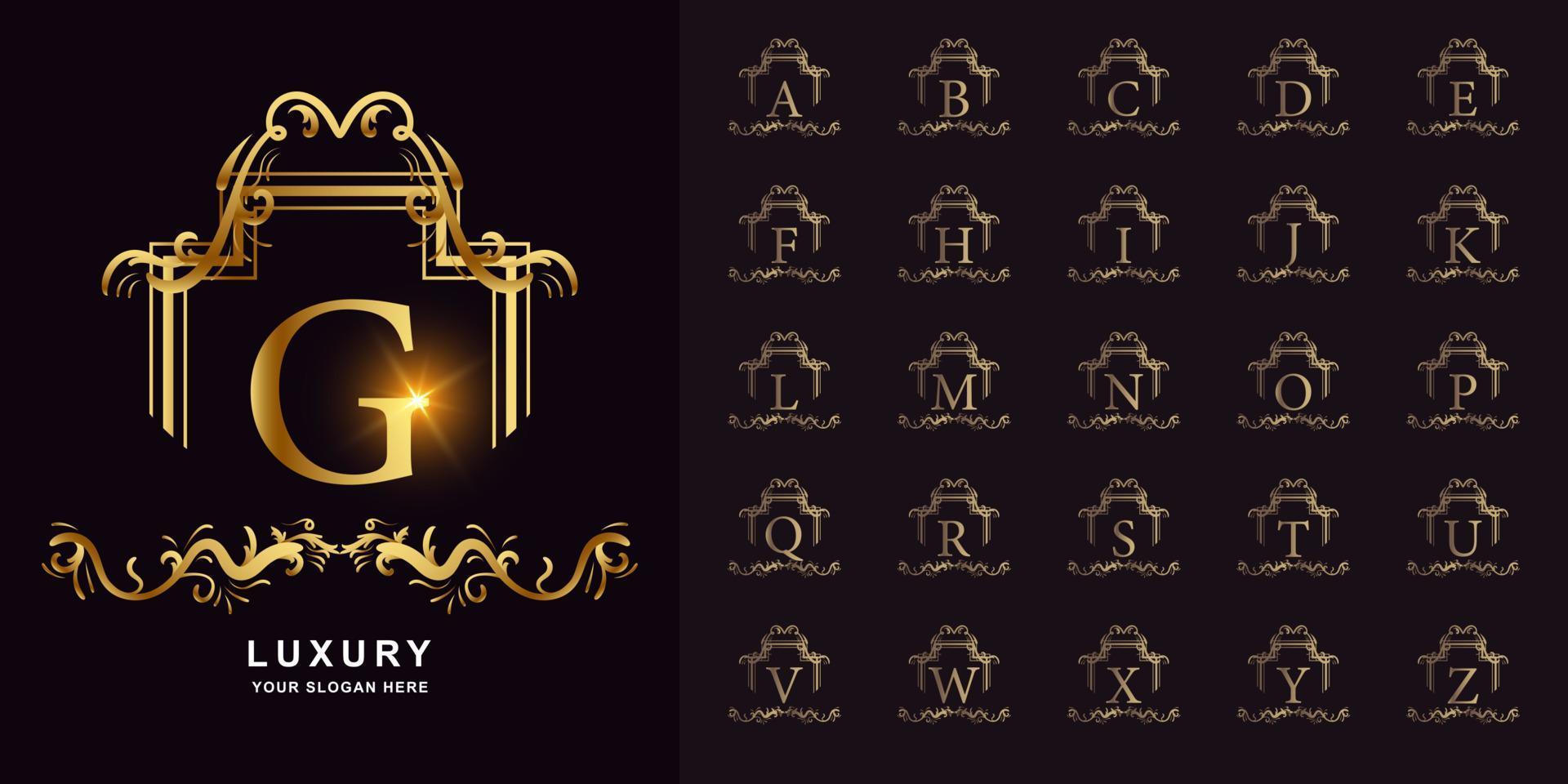 Letter G or collection initial alphabet with luxury ornament floral frame golden logo template. vector