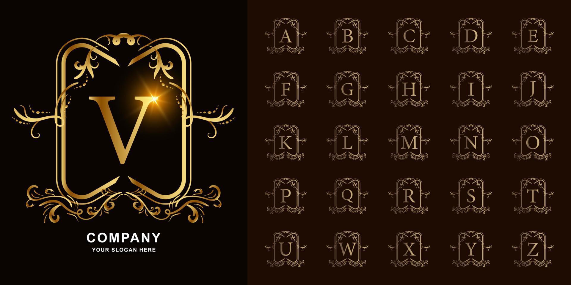 Golden Ornamental Alphabet V Letter Logo Design. Luxurious Golden