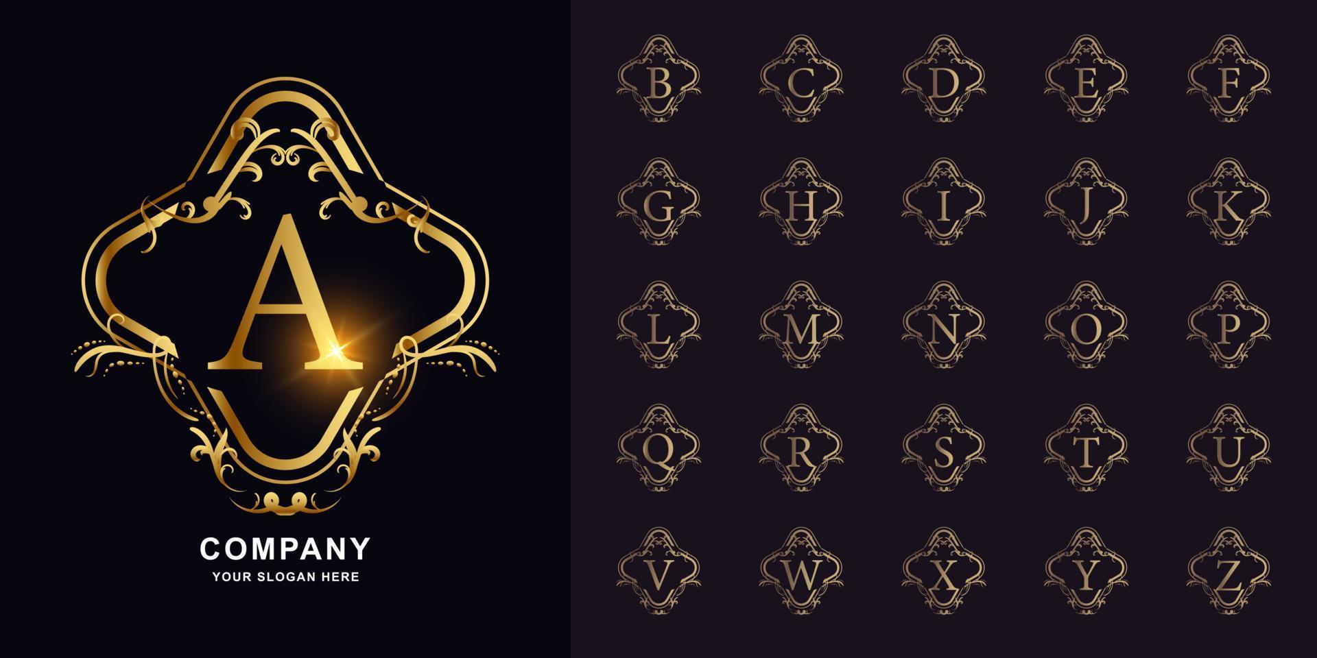 letra a o alfabeto inicial de colección con plantilla de logotipo dorado de marco floral de adorno de lujo. vector