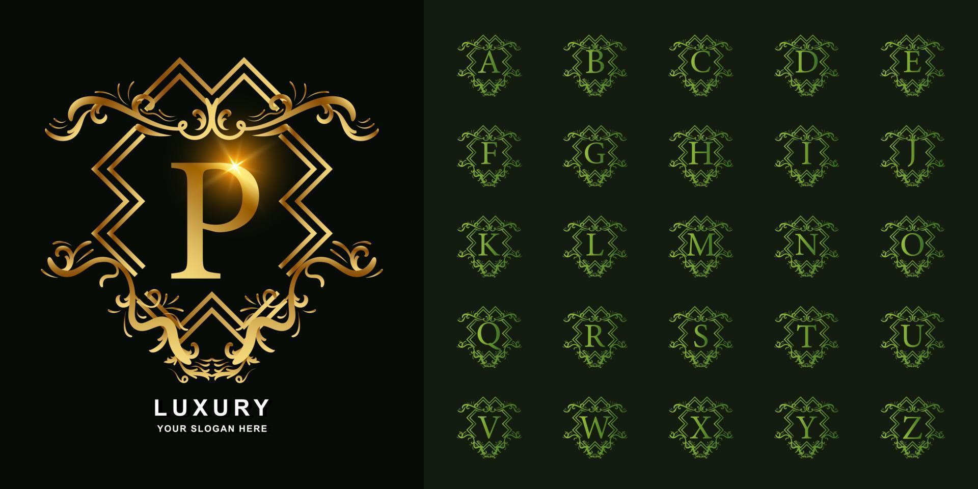Letter P or collection initial alphabet with luxury ornament floral frame golden logo template. vector