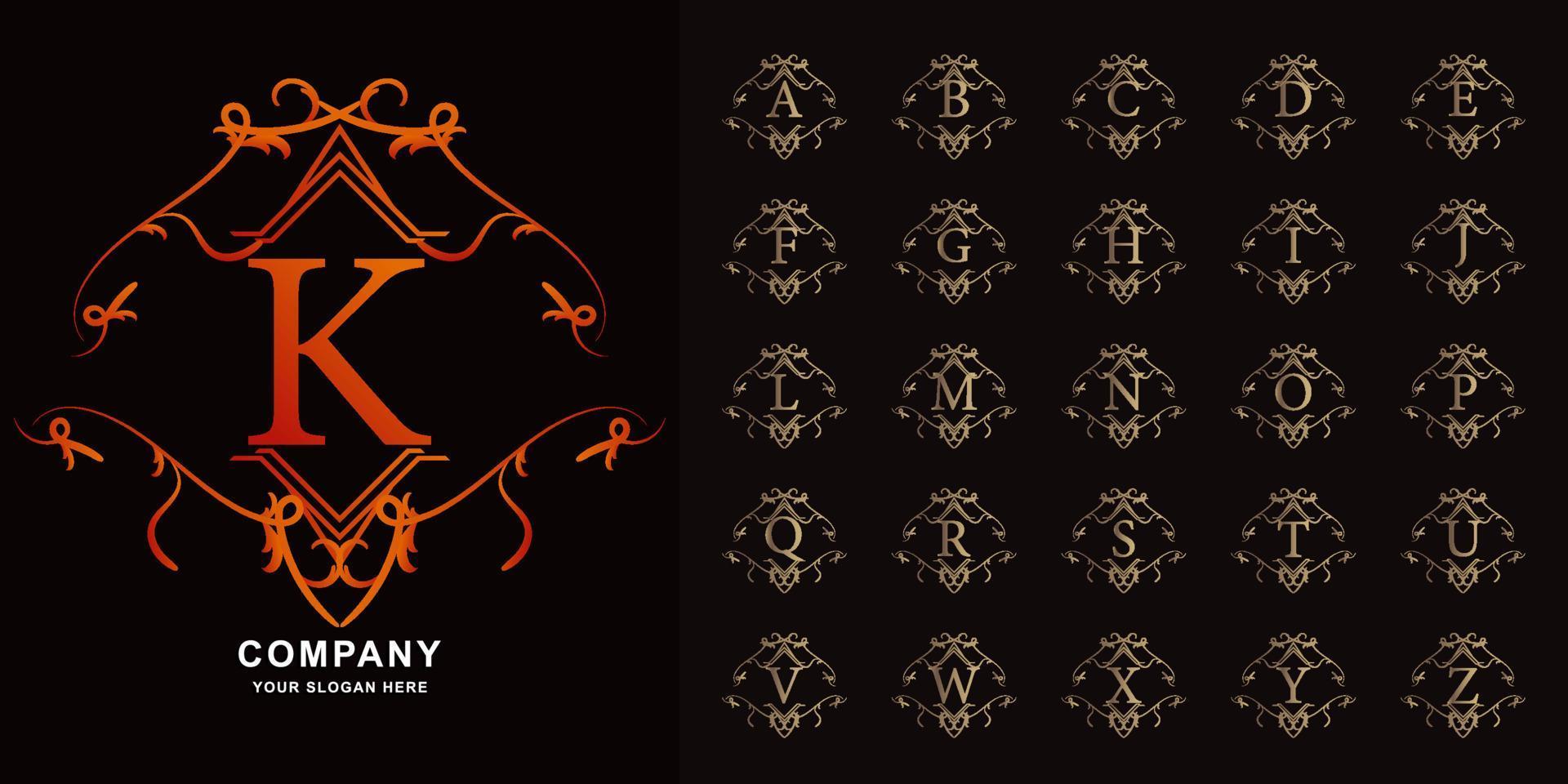 Letter K or collection initial alphabet with luxury ornament floral frame golden logo template. vector