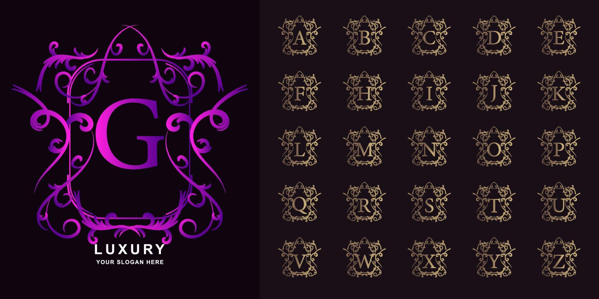 Letter G or collection initial alphabet with luxury ornament floral frame golden logo template. vector