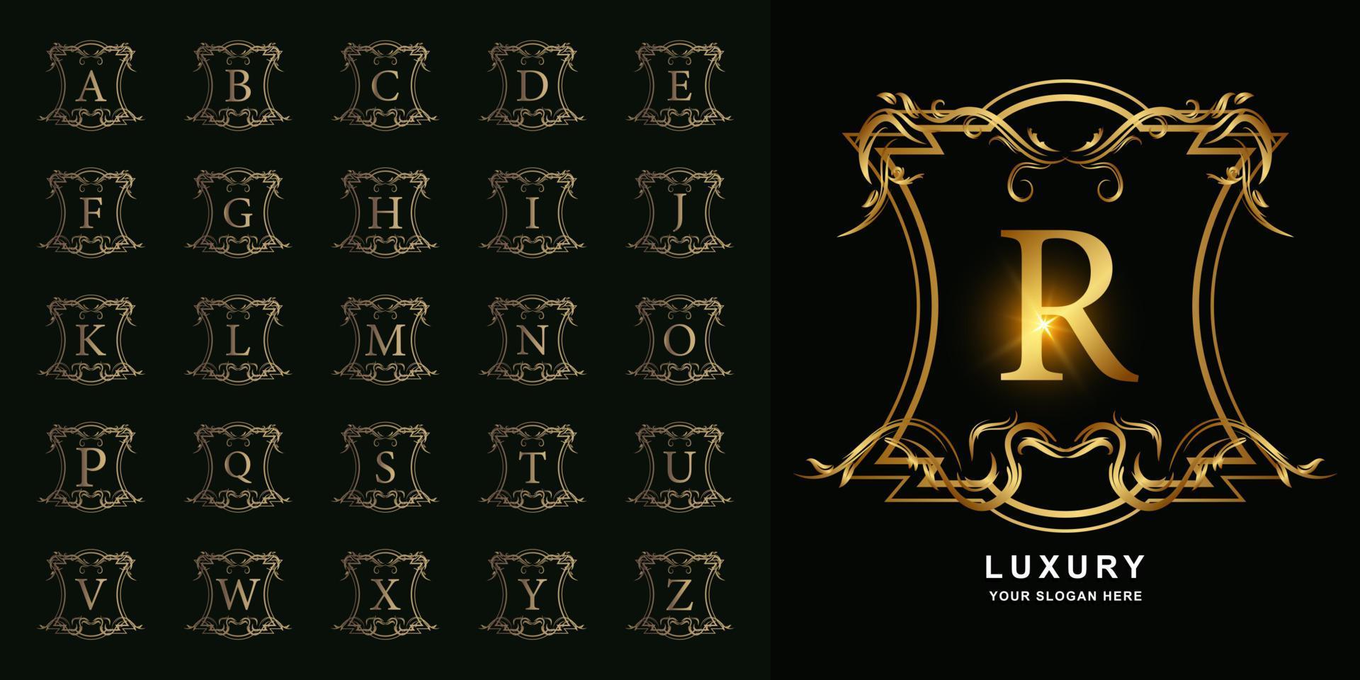 Letter R or collection initial alphabet with luxury ornament floral frame golden logo template. vector