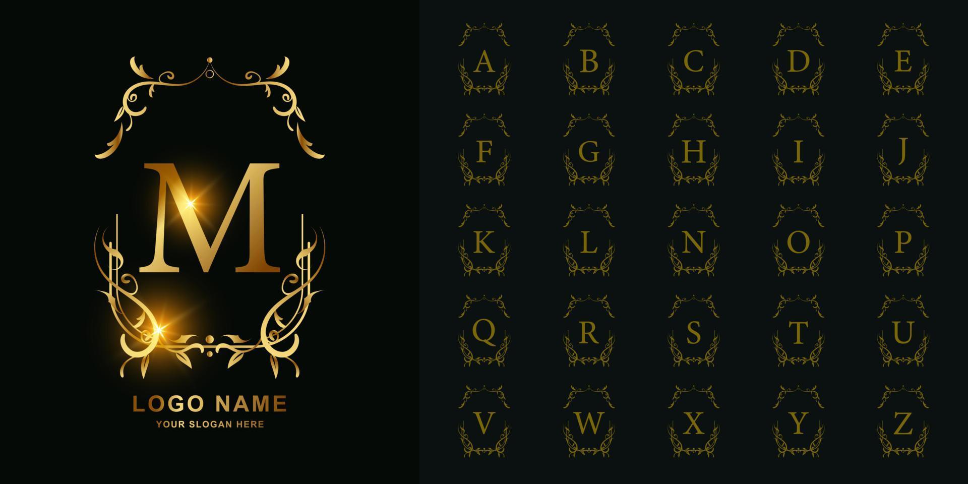 Letter M or collection initial alphabet with luxury ornament floral frame golden logo template. vector