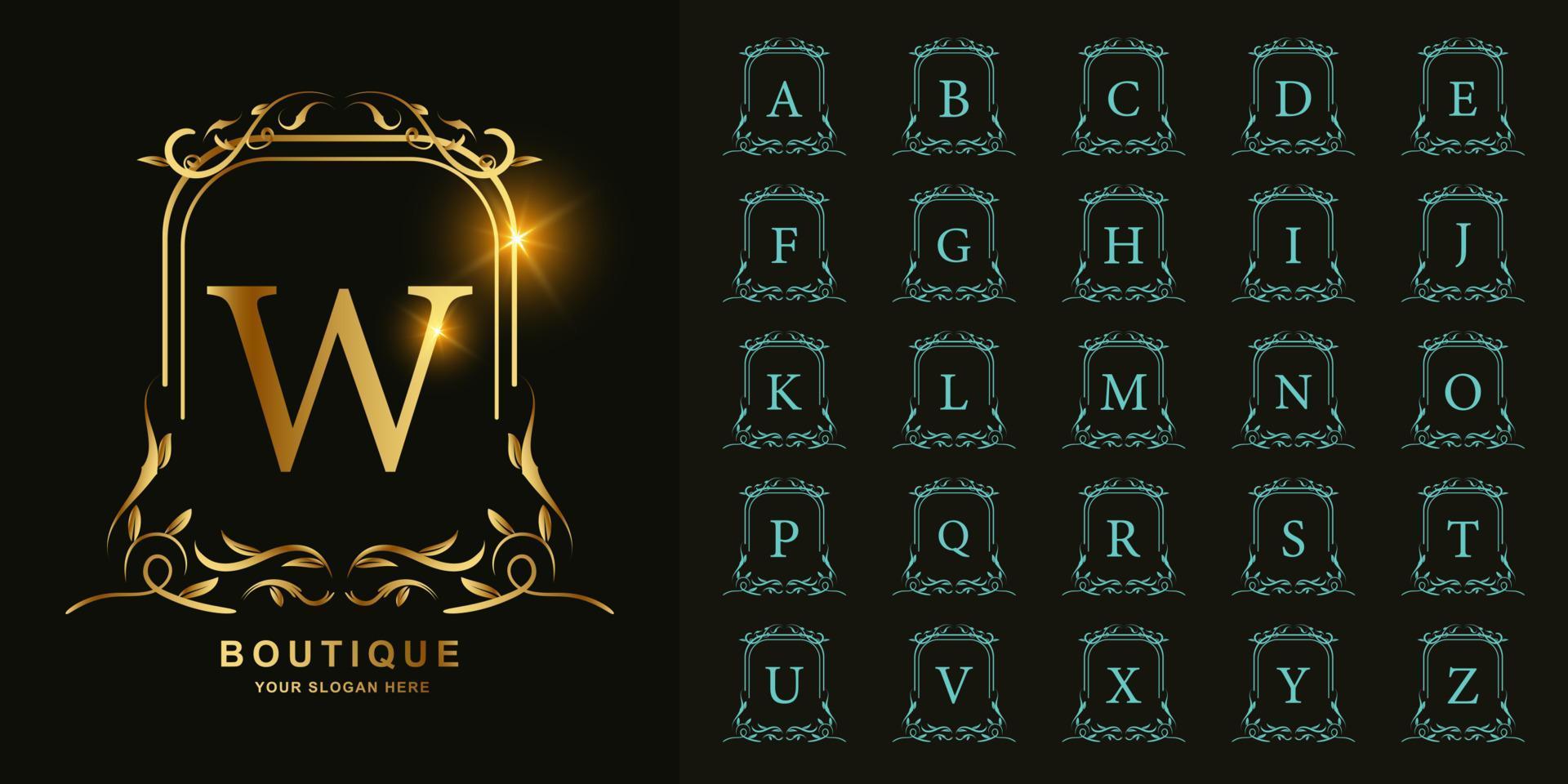 Letter W or collection initial alphabet with luxury ornament floral frame golden logo template. vector