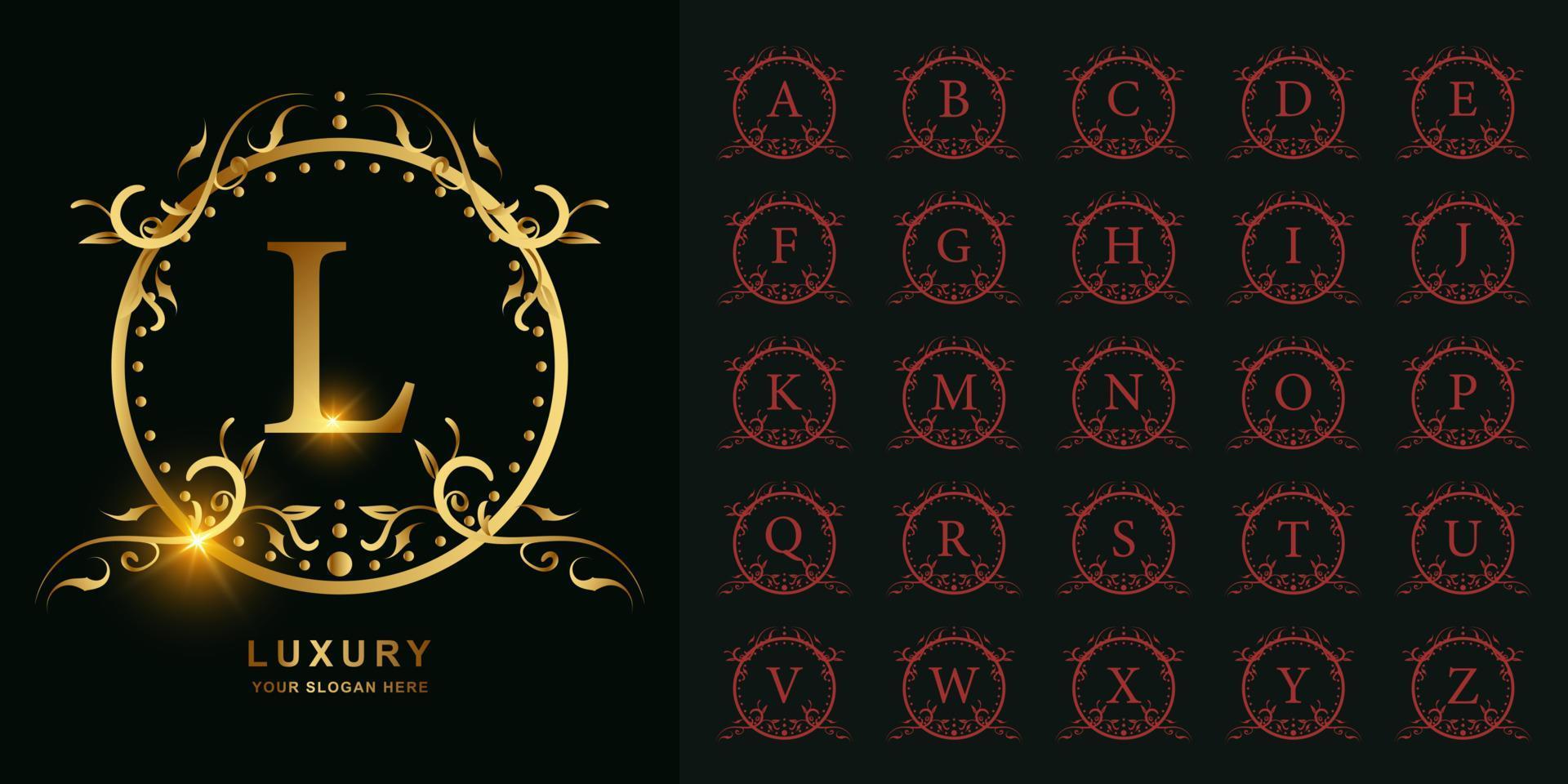 letra l o alfabeto inicial de colección con plantilla de logotipo dorado de marco floral de adorno de lujo. vector