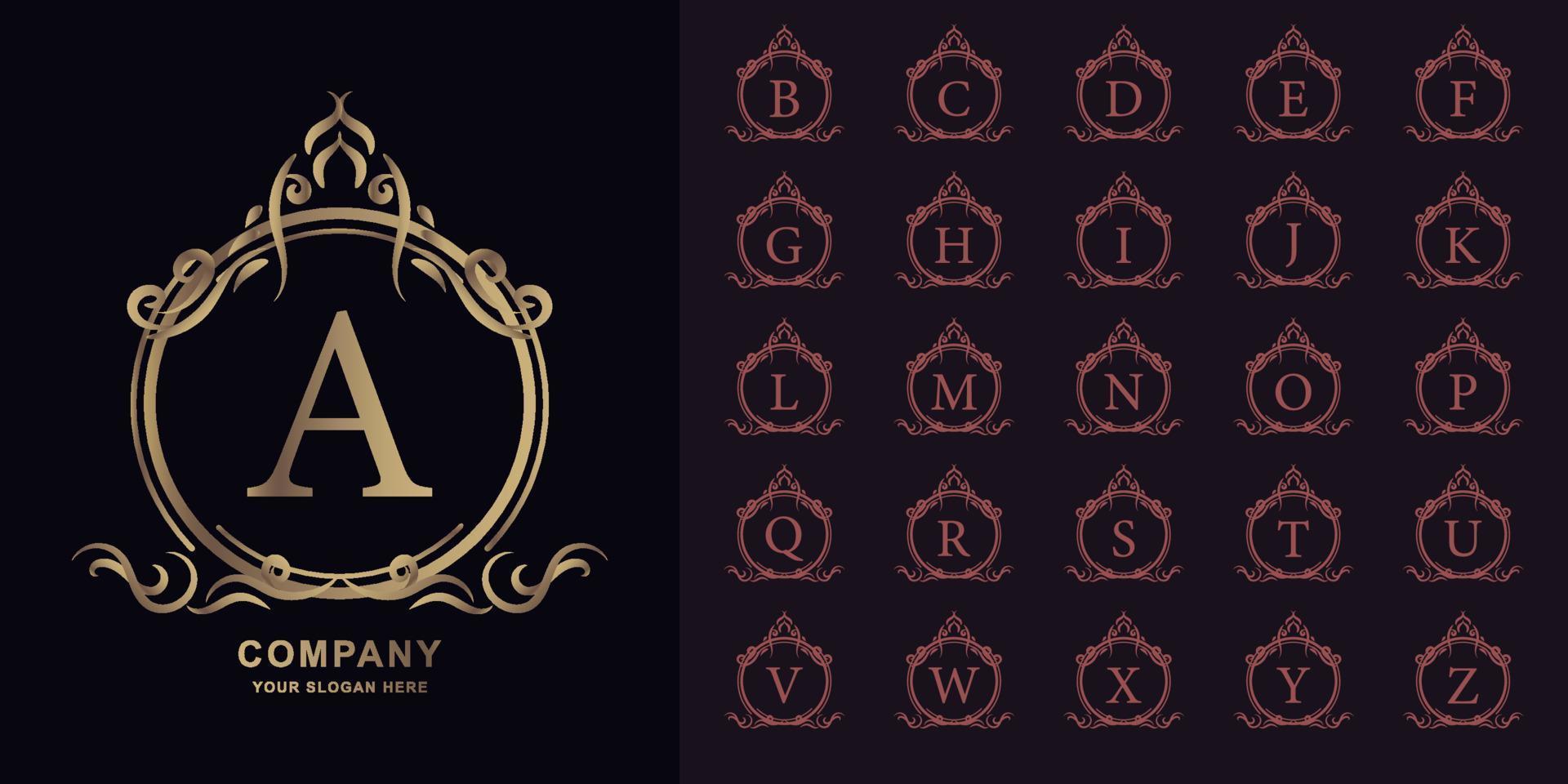 letra a o alfabeto inicial de colección con plantilla de logotipo dorado de marco floral de adorno de lujo. vector