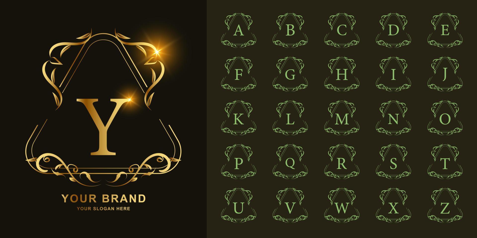 Letter Y or collection initial alphabet with luxury ornament floral frame golden logo template. vector