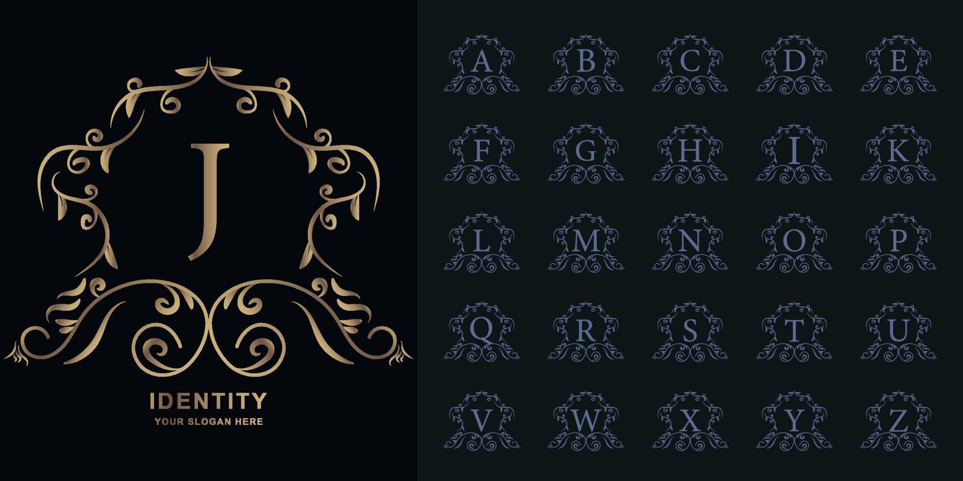 Letter J or collection initial alphabet with luxury ornament floral frame golden logo template. vector