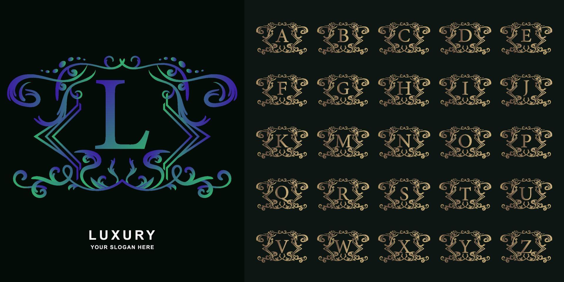 Letter L or collection initial alphabet with luxury ornament floral frame golden logo template. vector