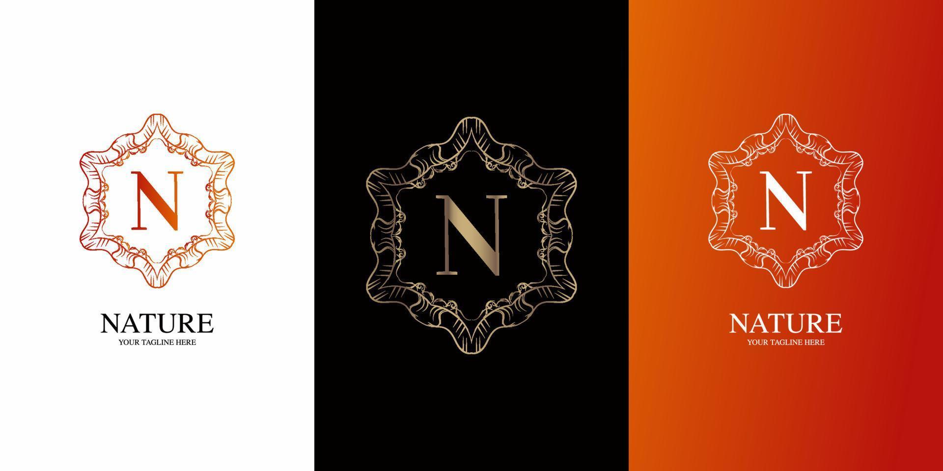 Letter N initial alphabet with luxury ornament floral frame logo template. vector