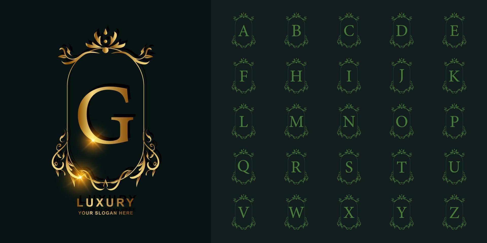 Letter G or collection initial alphabet with luxury ornament floral frame golden logo template. vector