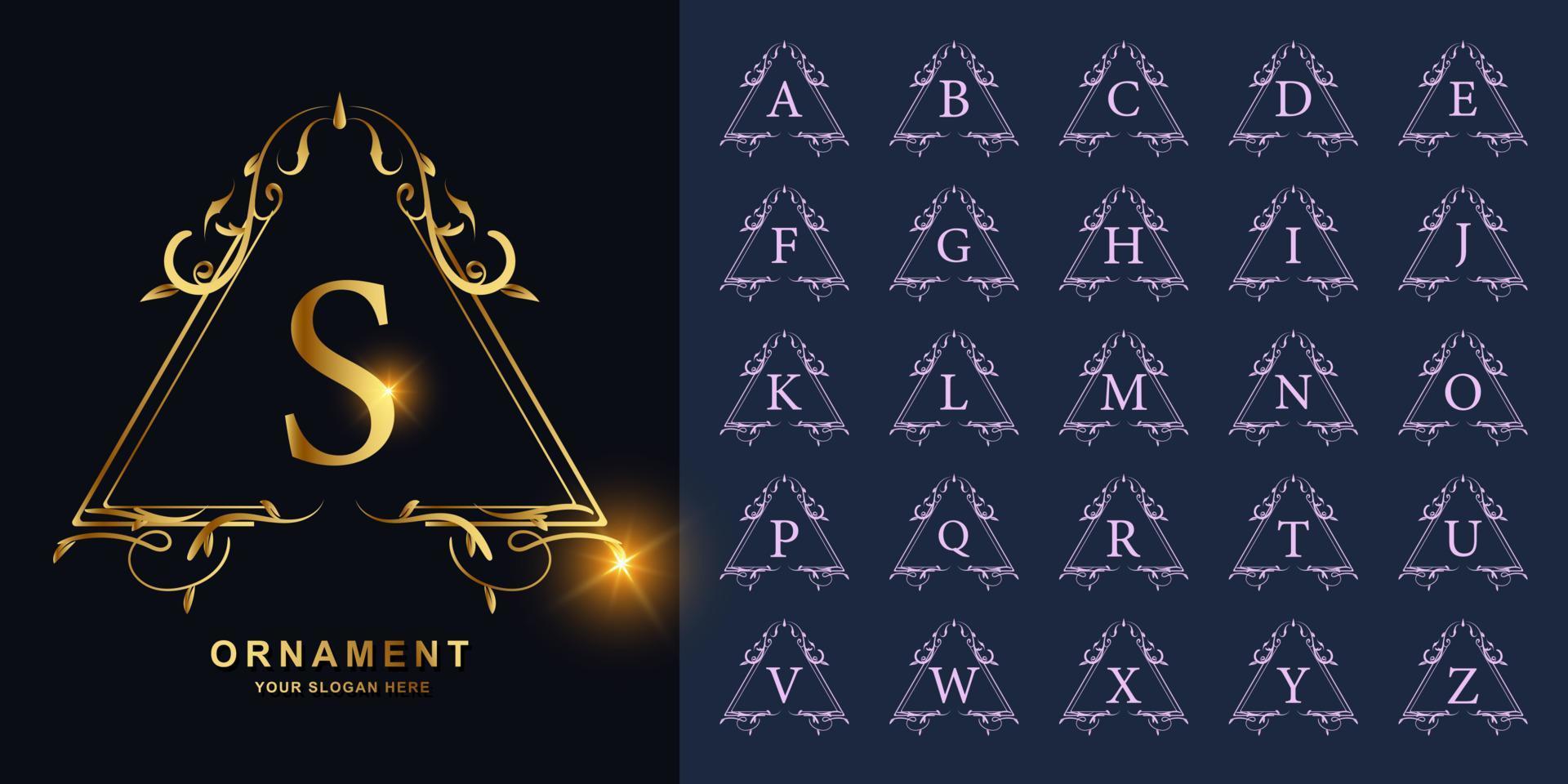 Letter S or collection initial alphabet with luxury ornament floral frame golden logo template. vector
