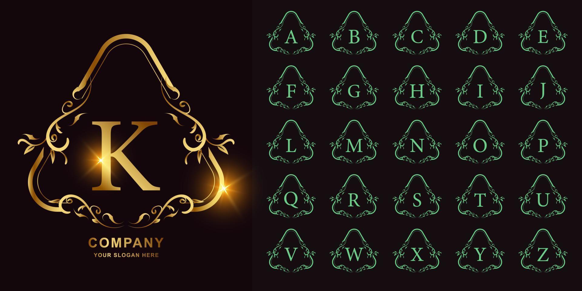 Letter K or collection initial alphabet with luxury ornament floral frame golden logo template. vector
