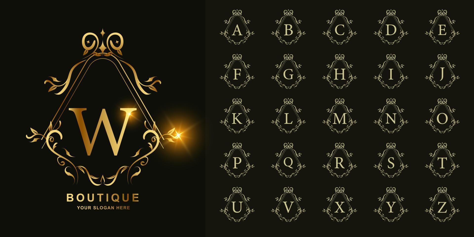 Letter W or collection initial alphabet with luxury ornament floral frame golden logo template. vector