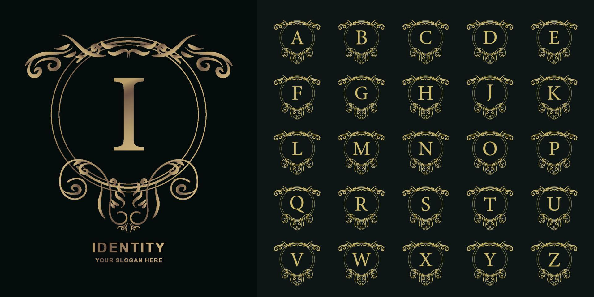Letter I or collection initial alphabet with luxury ornament floral frame golden logo template. vector