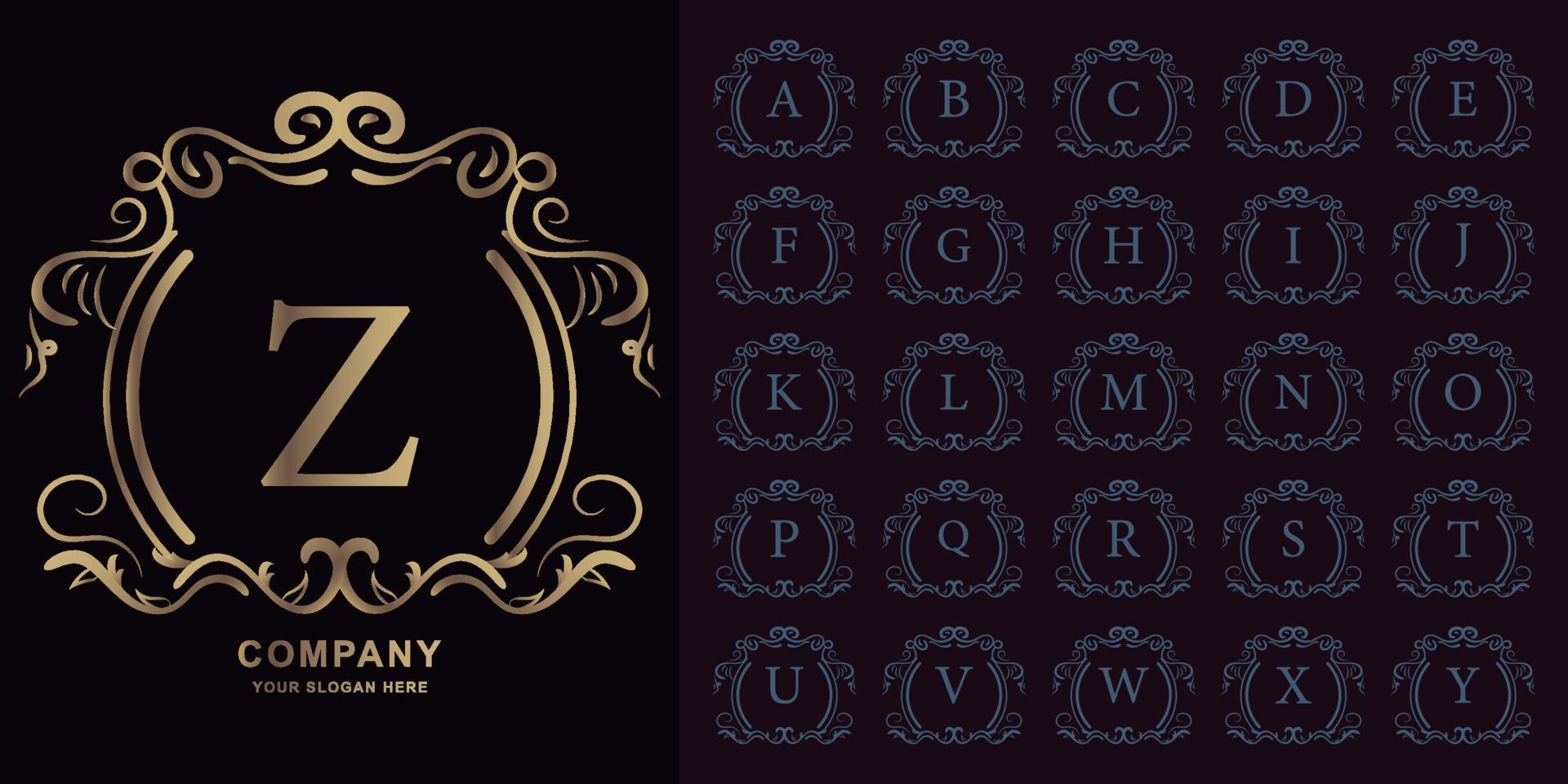 Letter Z or collection initial alphabet with luxury ornament floral frame golden logo template. vector