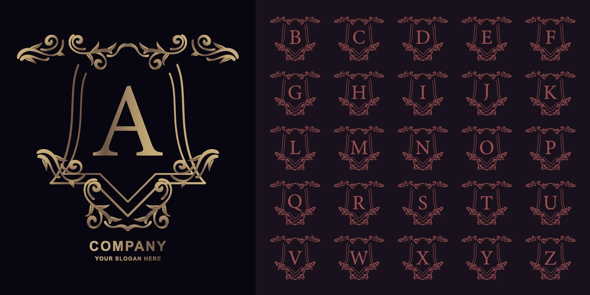 letra a o alfabeto inicial de colección con plantilla de logotipo dorado de marco floral de adorno de lujo. vector