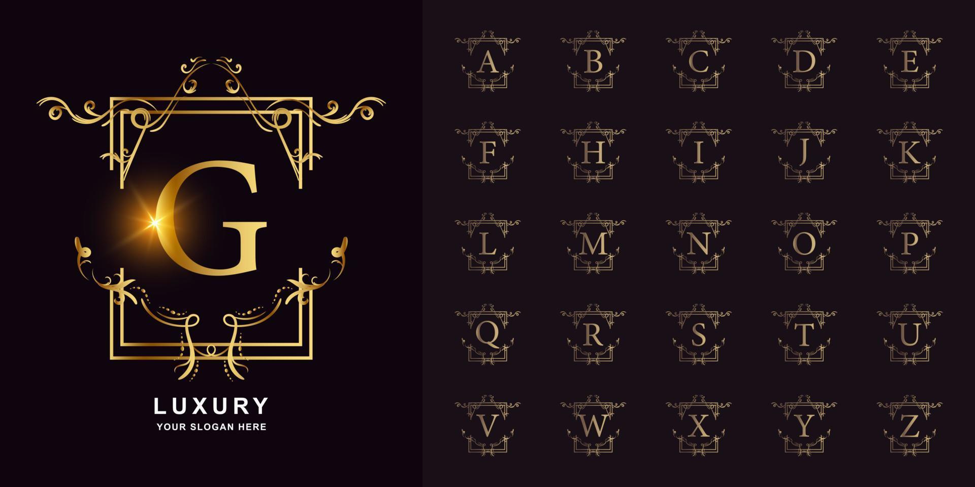 Letter G or collection initial alphabet with luxury ornament floral frame golden logo template. vector