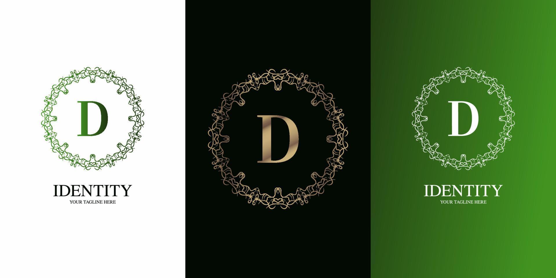letra d alfabeto inicial con plantilla de logotipo de marco floral de adorno de lujo. vector