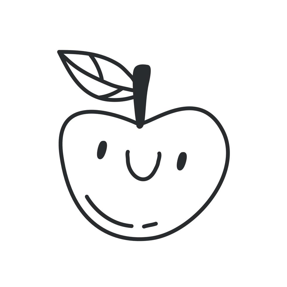 Cute character apple in simple black and white doodle style isolated on white background. Vector hand drawn doodle illustration.