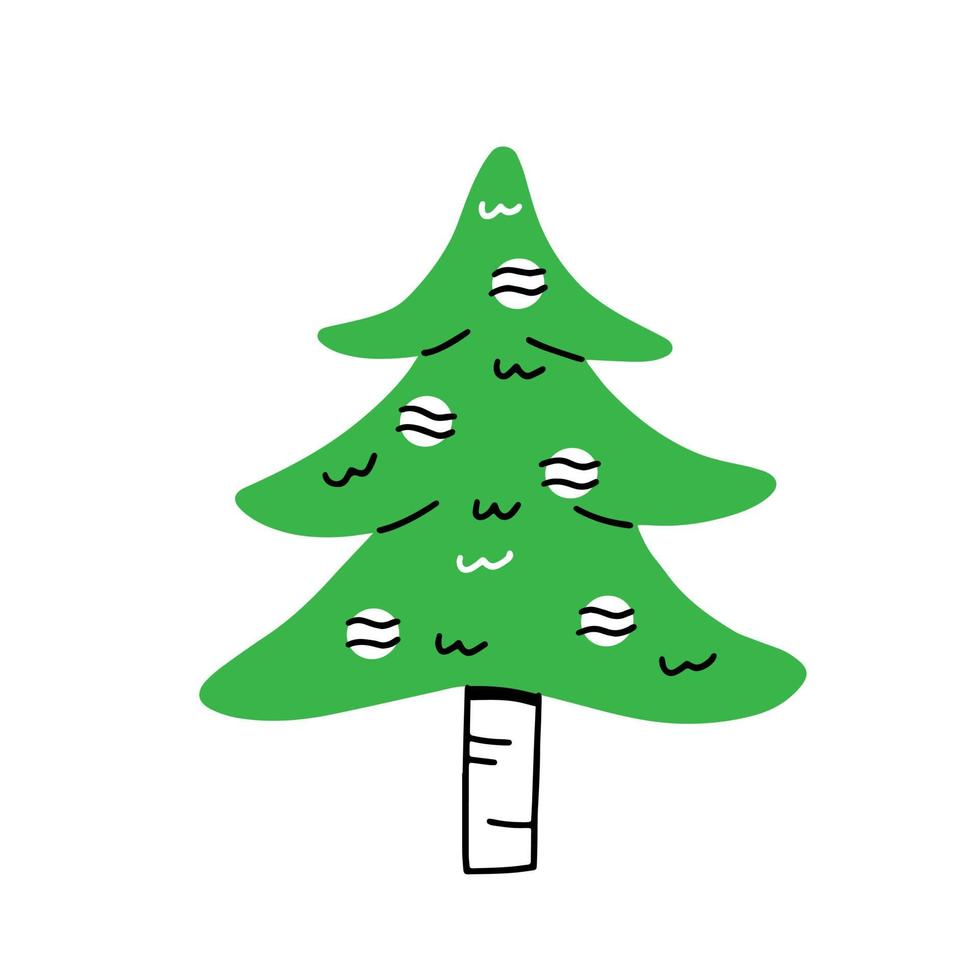 Green fancy christmas tree with christmas balls in simple linear cartoon doodle style. Vector illustration Happy New Year and Merry Christmas.
