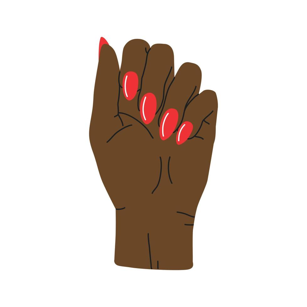 mano femenina negra con manicura roja en estilo plano de dibujos animados. ilustración vectorial aislado sobre fondo blanco. vector