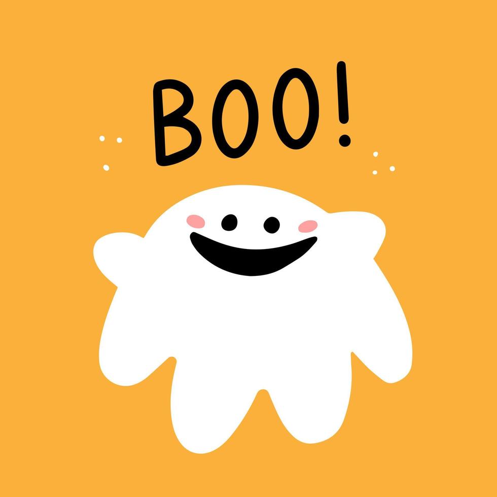 Cute smiling chubby ghost on a yellow background with the inscription boo. Vector card illustration with ghost character isolated on background.