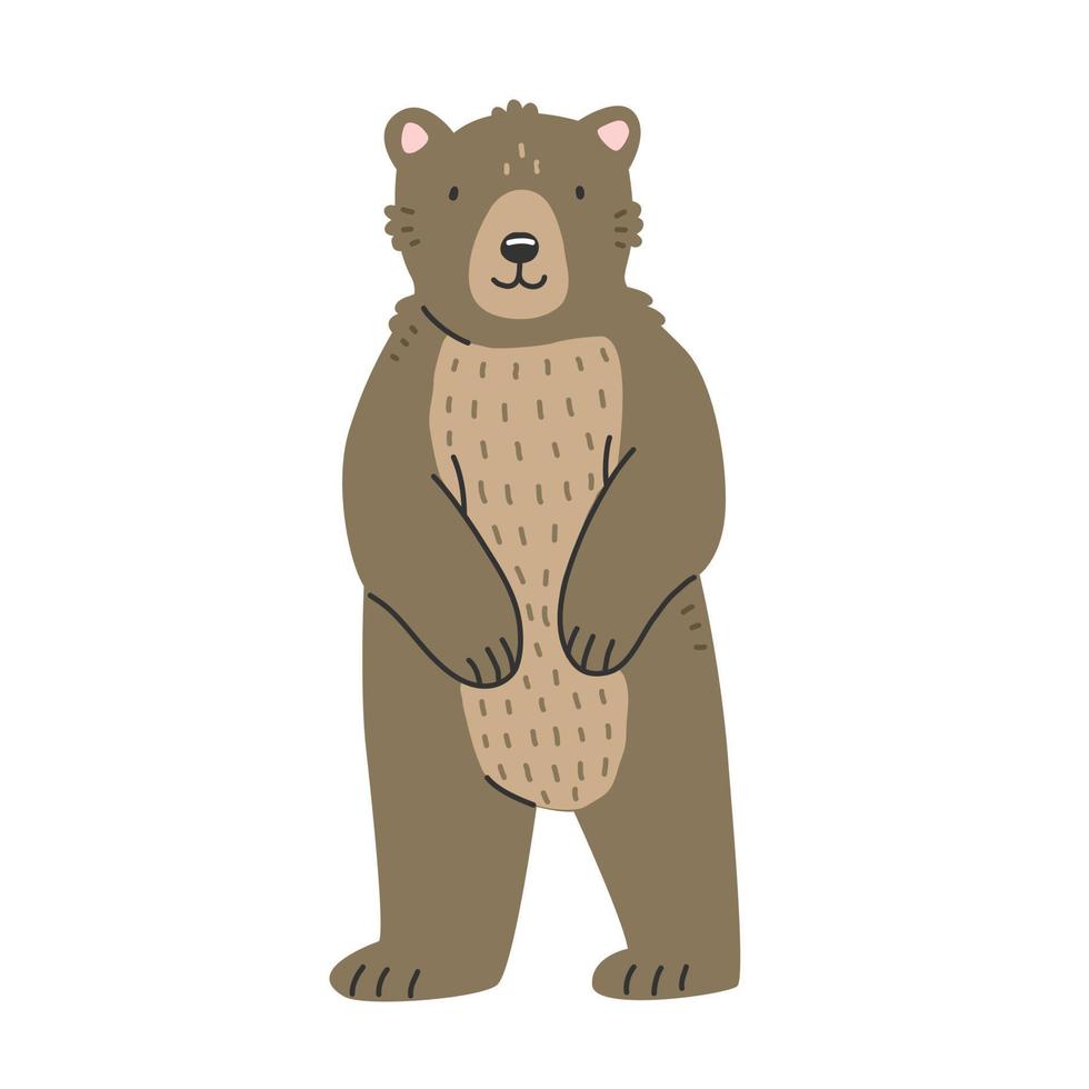 A cute brown bear in cartoon style stands on its hind legs. Vector isolated illustration with an animal.