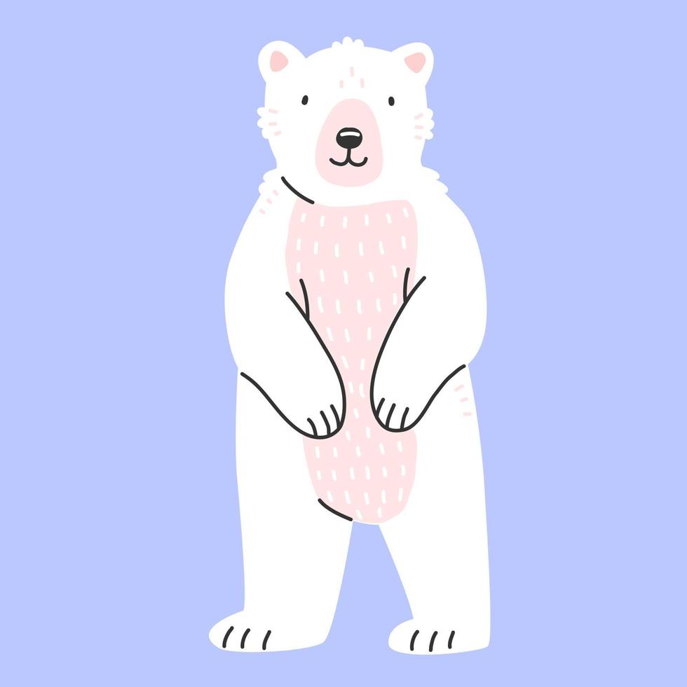 Cute polar bear in cartoon style stands on its hind legs. A vector isolated illustration with an animal.