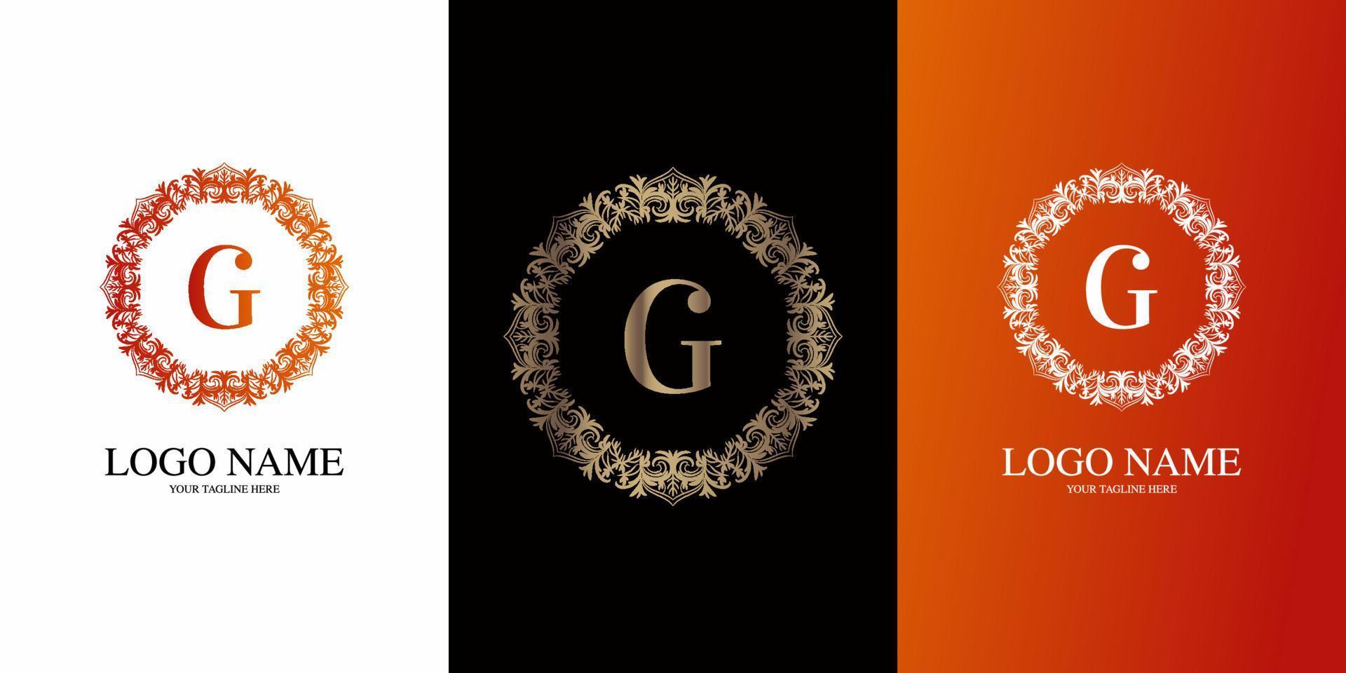 Letter G initial alphabet with luxury ornament floral frame logo template. vector
